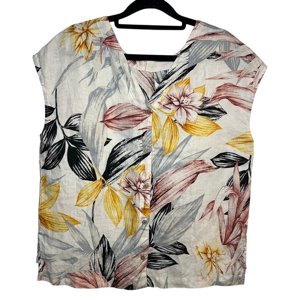 C&C California 100% Linen Blouse Floral Top White Size Small Button Up‎ Hawaiian